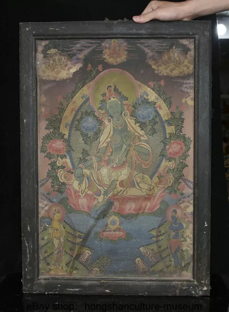 26.8 "Old Tibet Buddhism Wood Painting Green Tara Goddess Buddha Shrines Tangka