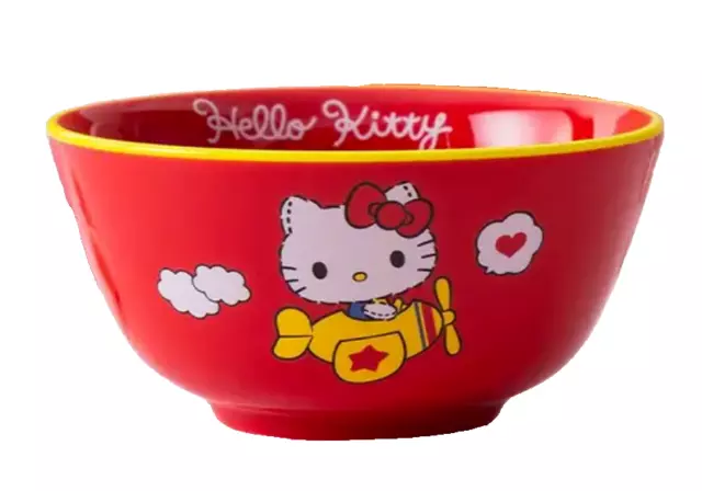 Sanrio Ceramic Hello Kitty in Plane Ramen Soup Bowl 5" x 2.5" Red & Yellow NWT