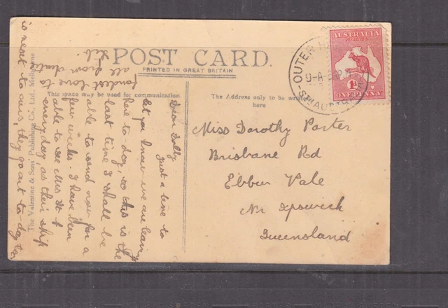 SOUTH AUSTRALIA, 1914 ppc Adelaide, Torrens Lake, 1d Kangaroo, OUTER HARBOUR cds