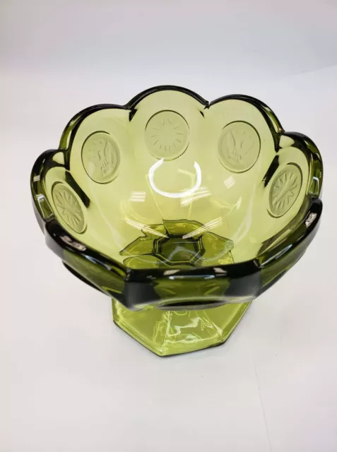 Vintage Fostoria Green Coin Glass Footed Bowl Jelly / Jam  Compote Candy Dish