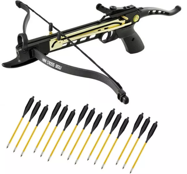 80lbs Self Cocking Hunting Pistol Crossbow 15 Arrows Black Metal Gold Body Cobra