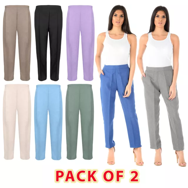 Pack Of 2 Ladies Womens Half Elasticated Waist Trousers With Pockets Plus Sizes