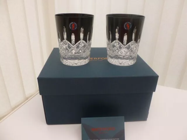 Waterford Crystal Lismore Black Cut Pair Of Whiskey DOF Tumblers Boxed