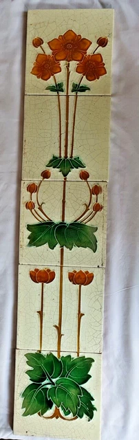 Gorgeous 6 Inch Art Nouveau Tile Panel, 5 Tiles