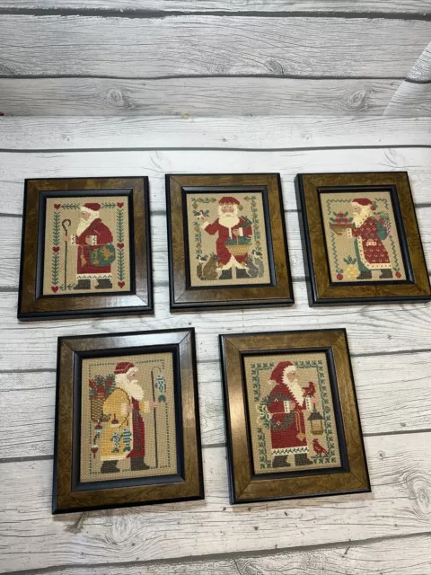 Vintage Prairie Schooler Cross Stitch Santa Claus Art Framed Christmas Set Of 5