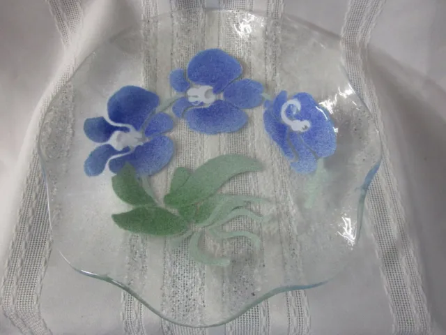SYDENSTRICKER BUTTERFLY ORCHID Blue Signed SYD Fused Glass Ruffled 9 1/2" BOWL