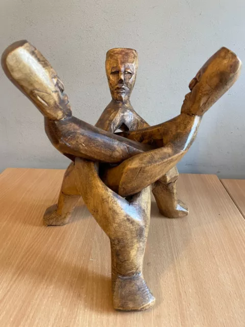 Vintage, Hand Carved Linking Trio Of Men, Wooden Tripod For Bowl