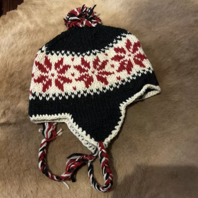 Nepal Hand Made Knit Sherpa Hat Ear Flaps Trapper Ski Heavy Wool Fleece Cap