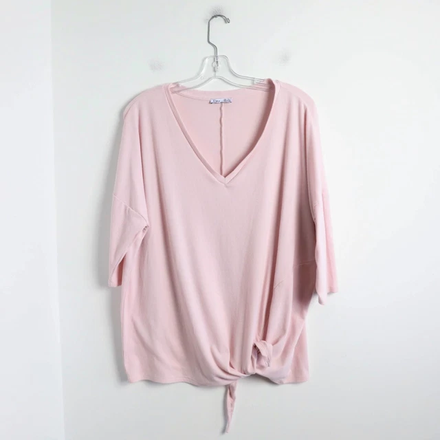 Dex pastel pin ribbed top front knot short sleeve blouse soft stretch comfy 1X