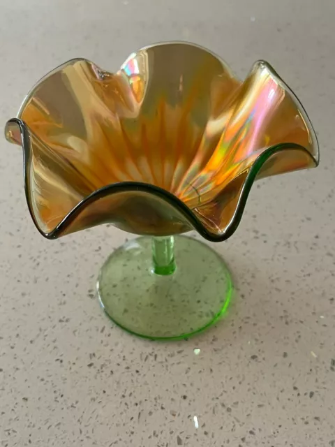 Northwood Iridescent Pedestal bowl Golden with Green Stem & Base