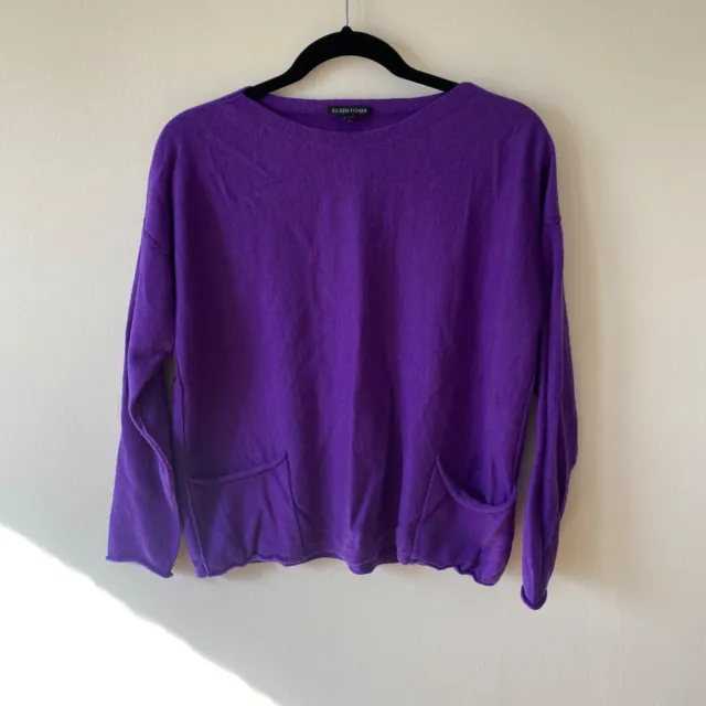 Eileen Fisher Two Pocket Purple Boat Neck Long Sleeve 100% Merino Wool Sweater S