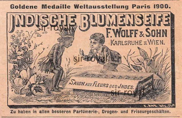 Indische Blumenseife Wolff & Sohn Karlsruhe - 1904 - Historische Werbung ~9x6cm