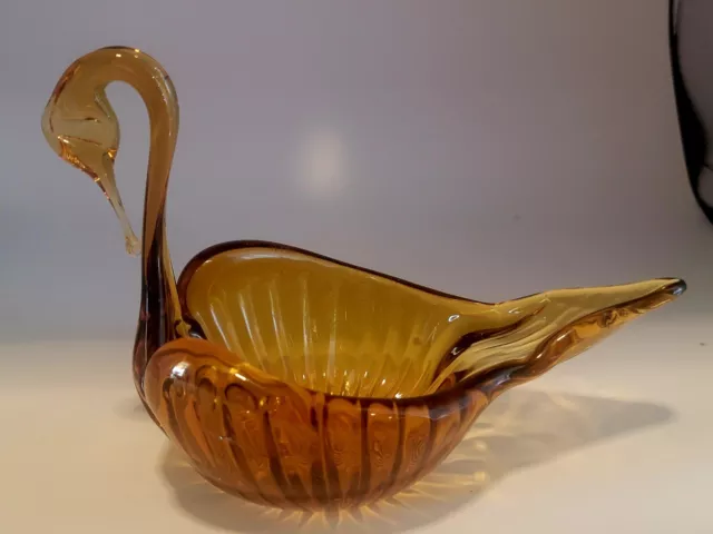 Vintage Fall Thanksgiving  Decor Amber Hand Blown Glass Swan Candy Trinket Dish