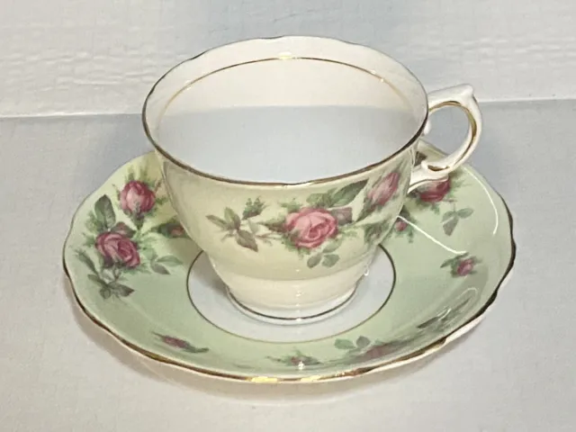 Colclough Mint Green with Roses Teacup And Saucer Vintage Rare