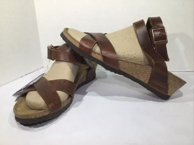 Papillio Womens Size 7 EU 38 Narrow Lola Brown Leather Wedge Sandals Y23-1532