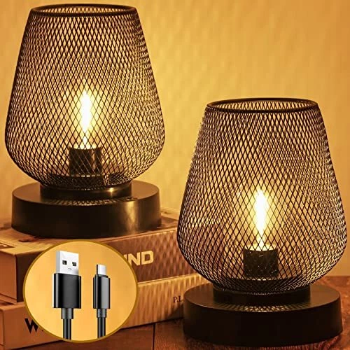 UBright 2 Pack Battery Operated Lamp Rechargeable Outdoor Table Lamp Metal Ca...