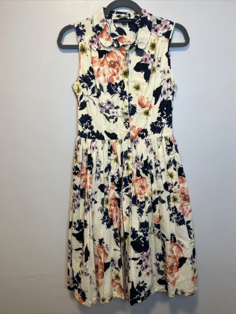 French Connection Women’s Midi Dress 100% Cotton Floral Print Lined Pockets Sz 6