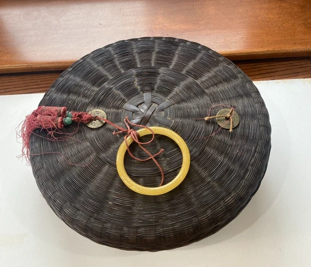 Vtg Handmade Rattan Sewing Basket w Chinese Coins & Large Yellow Plastic Ring