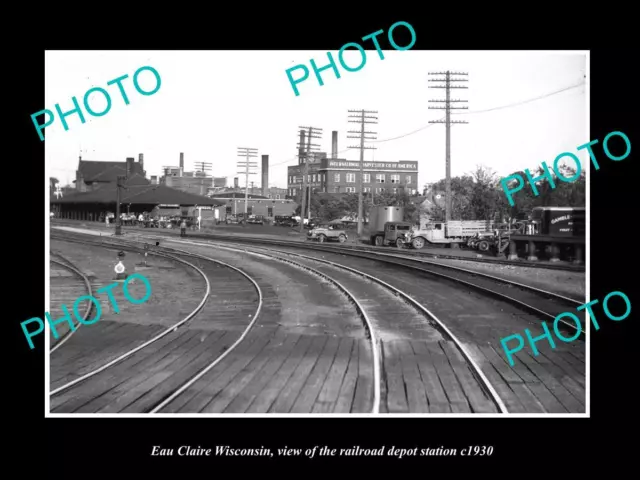 OLD LARGE HISTORIC PHOTO OF EAU CLAIRE WISCONSIN RAILROAD DEPOT STATION c1930