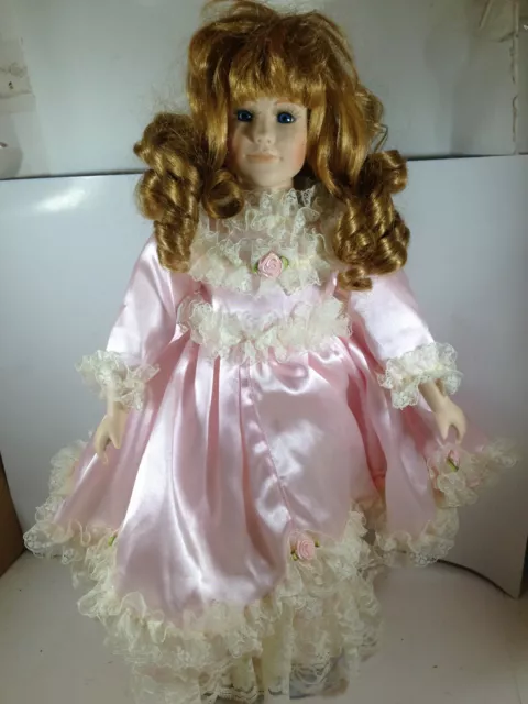 Design Debut Porcelain Doll Pink Satin Dress 17”