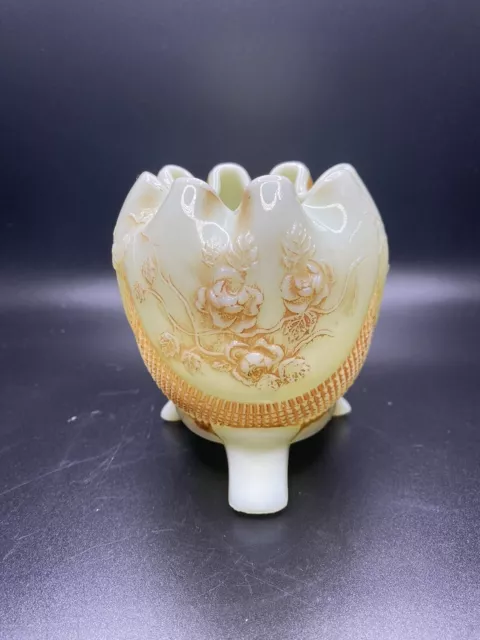 Northwood Custard Uranium Glass Footed Rose Bowl Fine Cut & Roses Nutmeg Stain