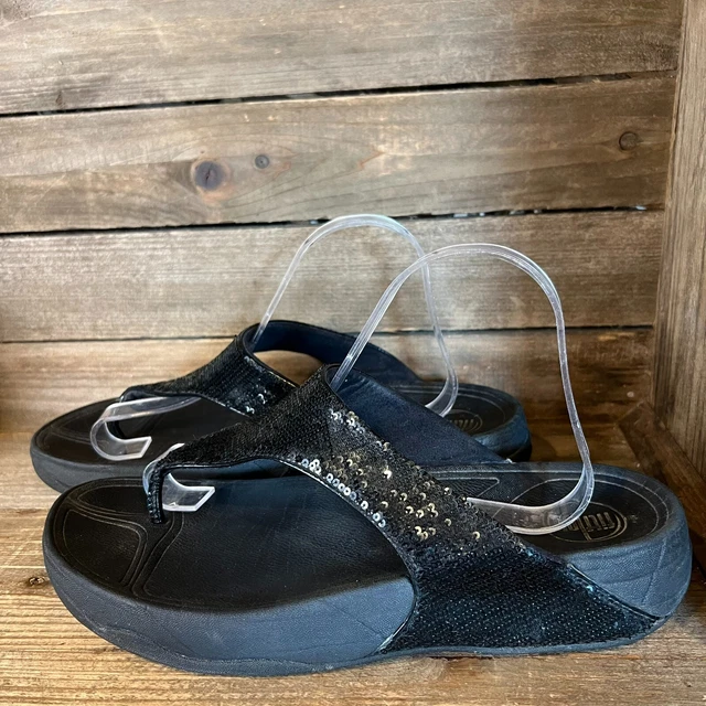 Womens Fitflop Comfort Black Electra Sequin Thong Toning Slip on Sandals Size 10 2