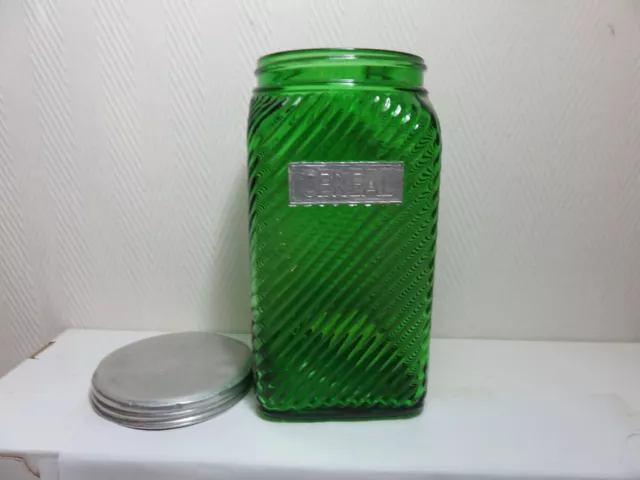 Vintage Owens Illinois Forest Green Hoosier Ribbed Cereal Jar With Metal Lid
