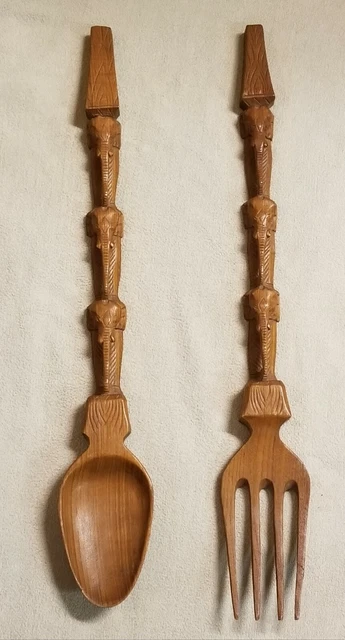 Vintage 25" Giant Hand Carved WOODEN FORK & SPOON Elephants Solid Wood Repaired