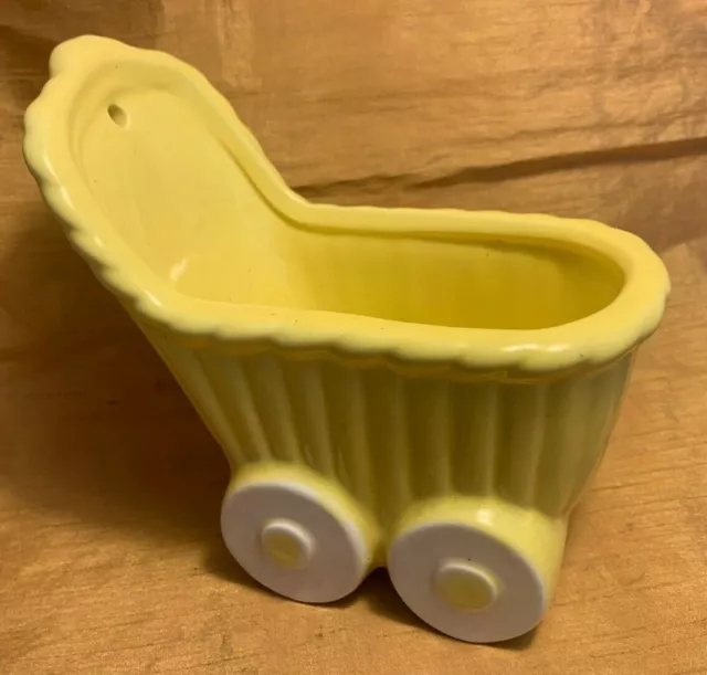 Vtg Yellow HAEGER USA Pottery Baby Buggy Carriage Wall Hanging Planter - Nursery