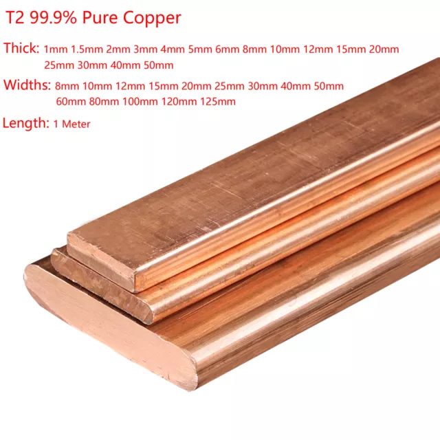 Copper Flat Bar Thick 1-50mm T2 99.9% Pure Cu Solid Metal Plate Length 1 Meter
