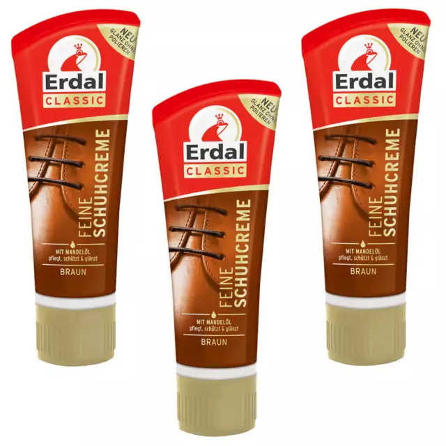 3x Erdal Classic Feine Schuhcreme Braun m. pflegendem Mandelöl frischt Farbe auf