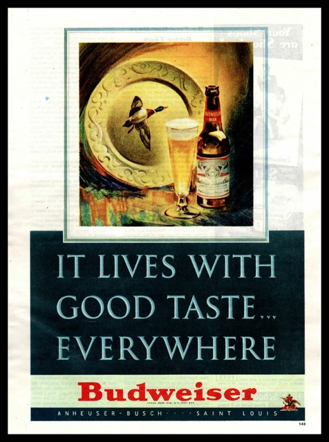 1947 Budweiser Beer Duck Plate "It Lives With Good Taste Everywhere" Print Ad