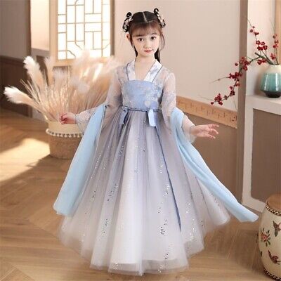 kids Girls Shiny Mesh Hanfu Dress Chinese Embroidered Floral Traditional Costume