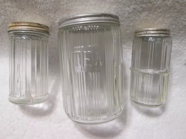 Antique Hoosier Cabinet Ribbed Glass Tea And Spice Jars With Lids