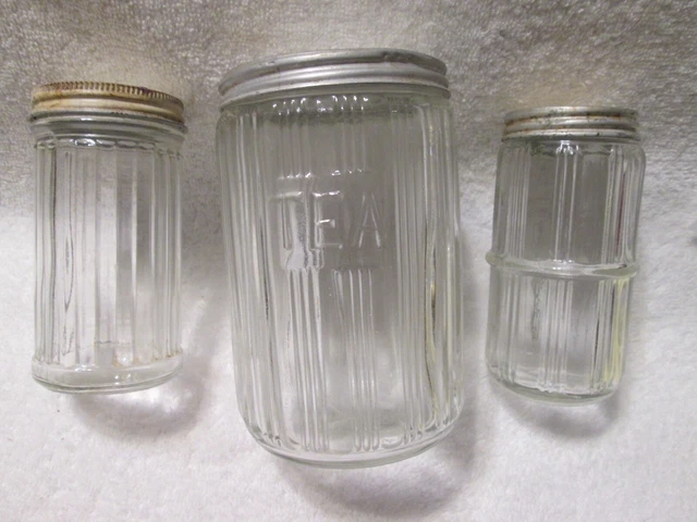 Antique Hoosier Cabinet Ribbed Glass Tea And Spice Jars With Lids