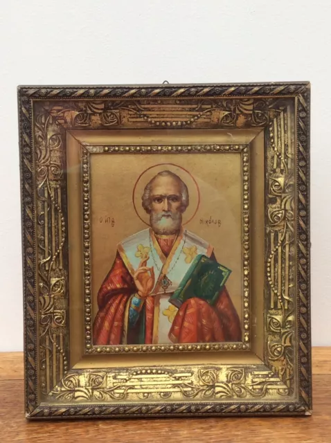 Vintage Hand Painted Icon Of St Nicholas In Gilded & Glazed Frame Russian Greek