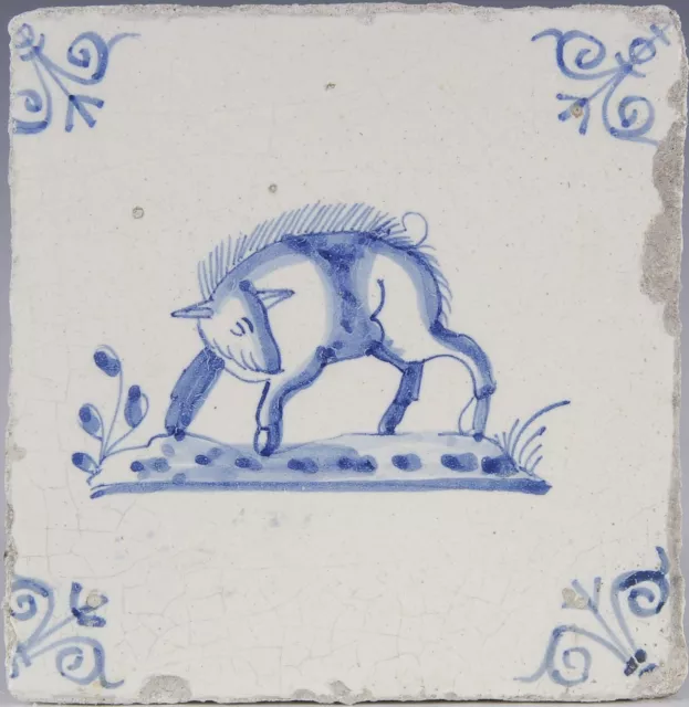 Nice Dutch Delft Blue animal tile, pig, 17th. century.