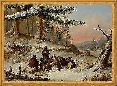 Moose Hunters Cornelius Krieghoff Jagen Jäger Wald Beute Elch B A2 00148 Gerahmt