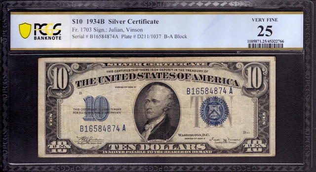1934 B $10 Silver Certificate Note Fr.1703 Ba Block Pcgs B Very Fine 25 (874A)