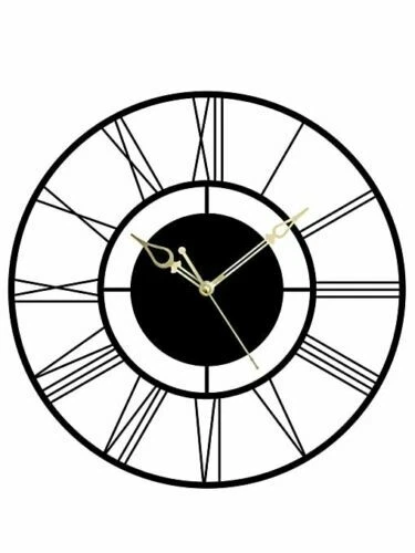 Romain Moderne Rond Métal Avec Silencieuse Machine Horloge Murale Décor Noir,