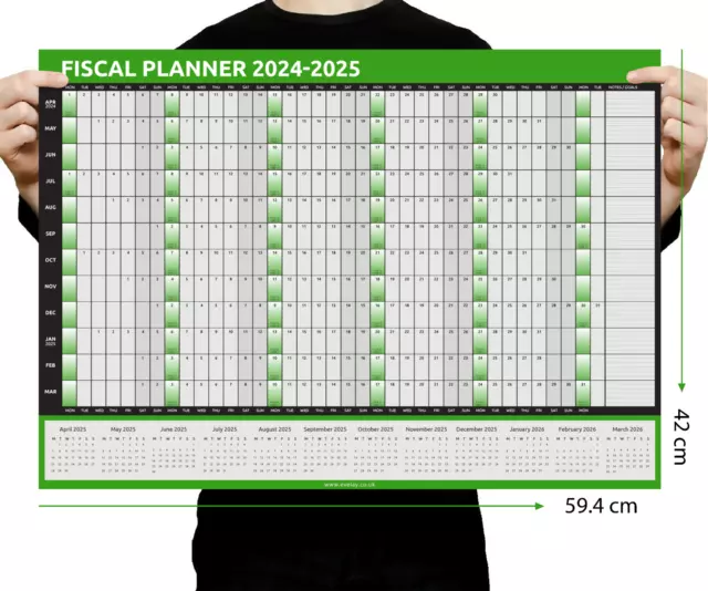 FISCAL 2024 - 2025 A2 Size Full Year Wall Planner Calendar Home Office Work A2