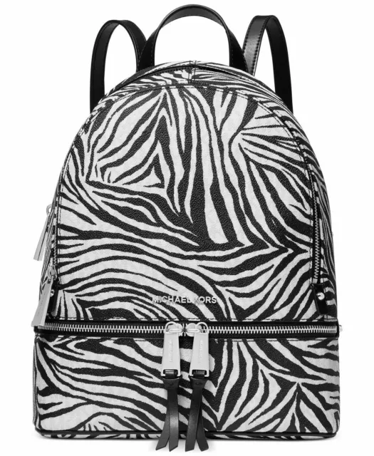 NWT Michael Kors Rhea Zip Medium Zebra Backpack $328 Black/White