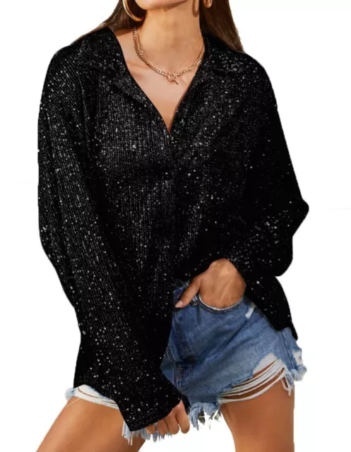 Womens Sequin Long Sleeve Shirts Ladies Button Down Evening Party Blouse Tops