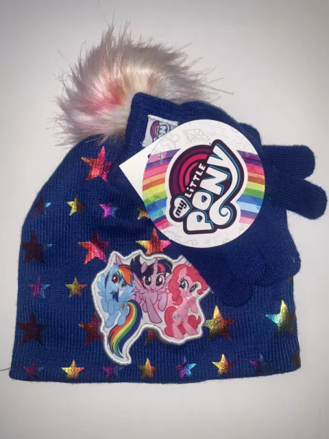MY LITTLE PONY TWILIGHT SPARKLE Knit Beanie Hat & Gloves Set Pom Rainbow Dash