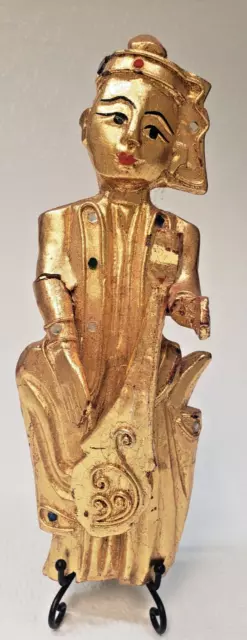 Antique Gilt Wood & Glass Stones Burmese Musician Wall Hanger Gold Statue