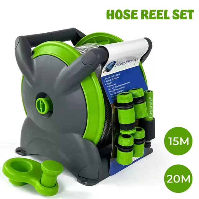 15M/20M Compact Garden Hose Reel Tough Water Pipe Standing Wall Mounted Fittings