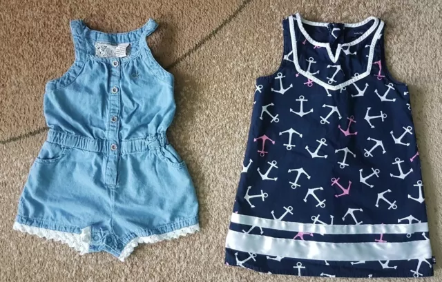 Lot of 2 Baby Girl Dress Romper Nautica Calvin Klein Blue Denim 18 mo & 2T