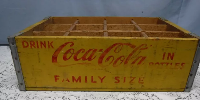 Vintage Wooden Drink Coca Cola Yellow Crate Family Size Box 12 Blottle