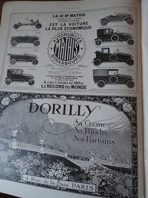 MATHIS 10 HP automobile + parfum DORILLY publicité papier ILLUSTRATION 1921