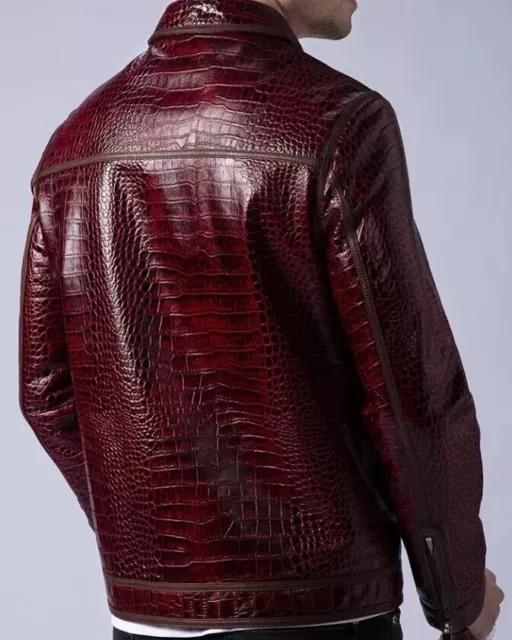 Abez Red Crocodile Embossed Biker Jacket - Men's Real Leather Casual Coatwear 3